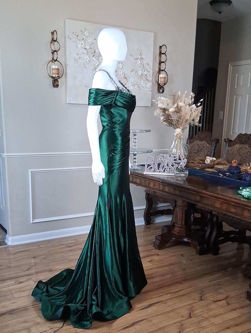 Women's Formal Glam Green Cowl Neck Sweep Train Gown Crystals Straps Small - Picture 11 of 16